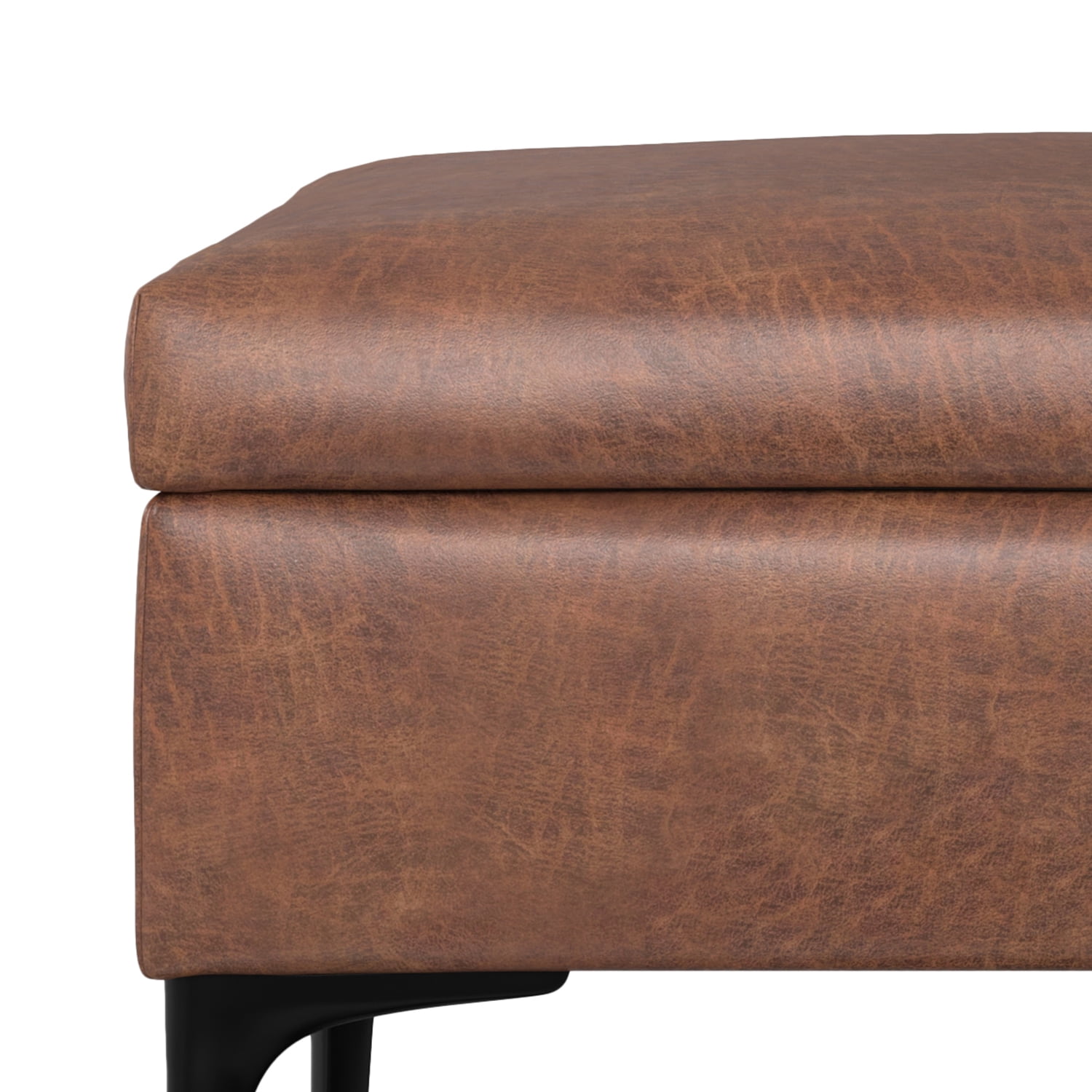 Simpli Home Rebecca 48 inch Wide Mid Century Modern Rectangle Large Coffee Table&nbsp;Storage Ottoman with Lift up Lid in Distressed Saddle Brown Faux Leather
