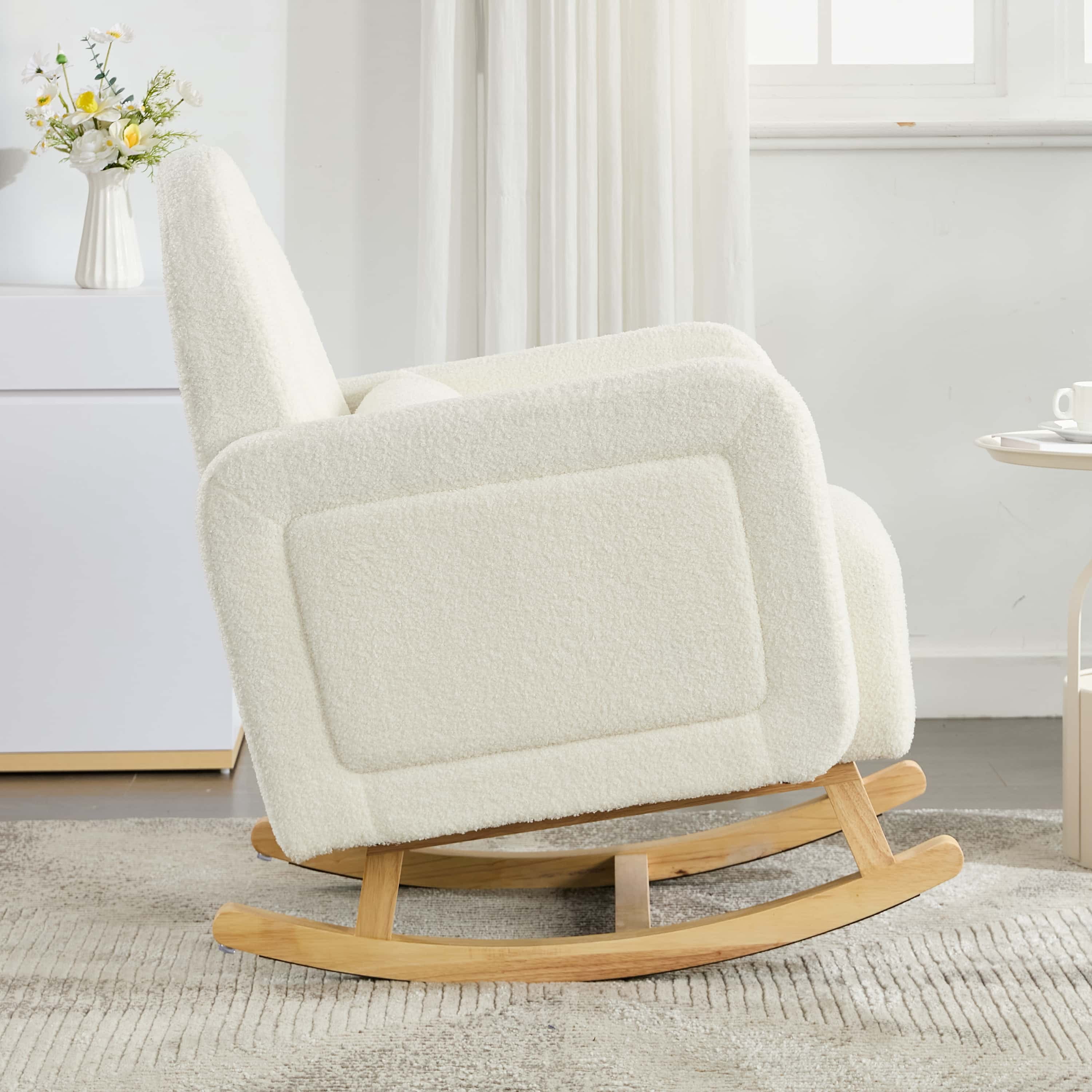 Miniyam Accent Rocking Chair with Curved Back & Pillow, Teddy Velvet, Cream White