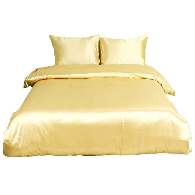Unique Bargains Satin Duvet Cover Set 3 Piece and Pillow Sham Set Gold Tone King