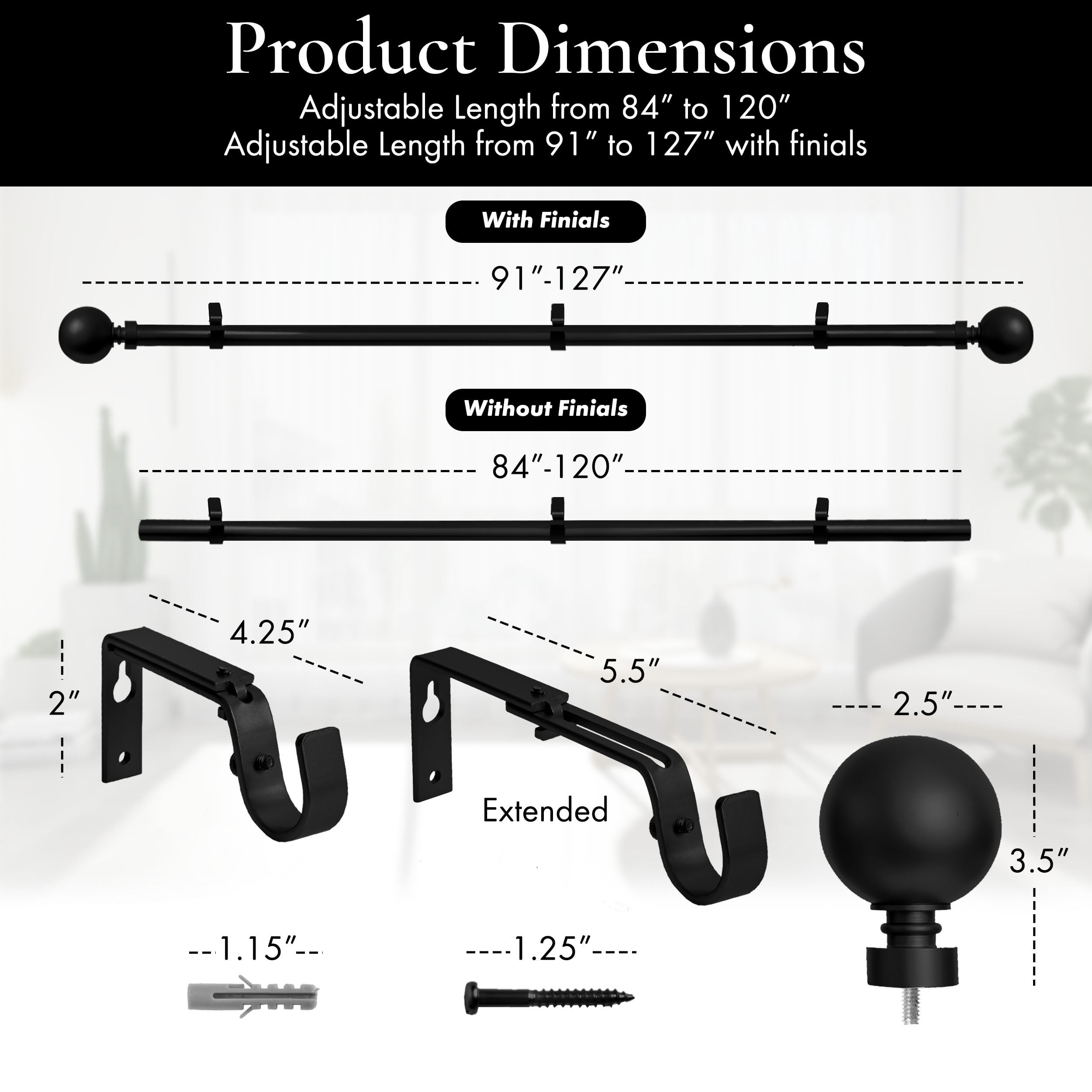 MERIVILLE 1" Single Curtain Rod Set, Adjustable 84–120 Inches, Ball Finials, Black