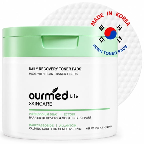 Ourmed Life 70Ct Soothing Recovery Toner Pads Redness Relief PDRN Toning Pads Calming Daily Ectoin Facial Pads Sensitive Care