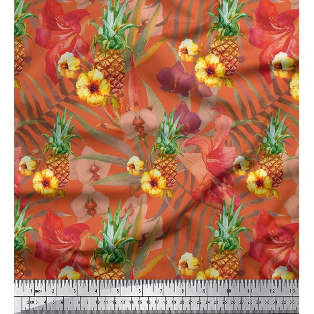 Soimoi Tissu en Soie Orange Imprimé Lys & Fruits de Pin Tissu au Mètre 42 Pouces de Large