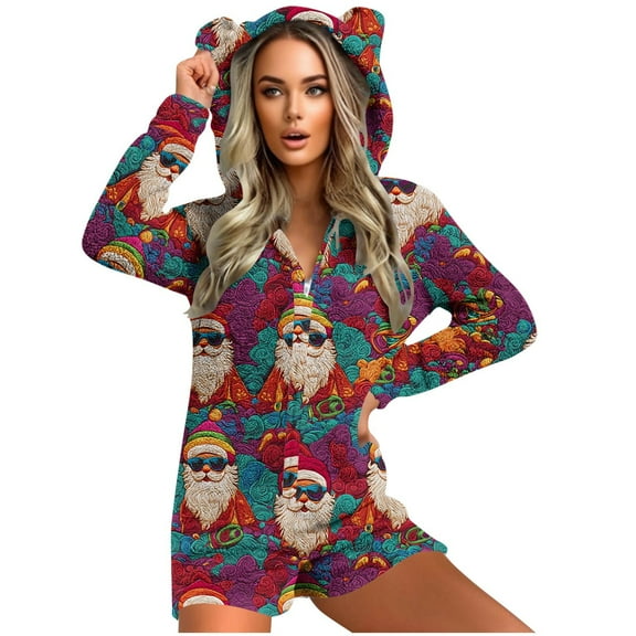 Cavosen Christmas Fall Jumpsuits for Women Fleece Zipper Long Sleeve Cute Hooded Loungewear with Ears Santa Claus Thicken Onesie Warm Unisex Soft Sleepwear