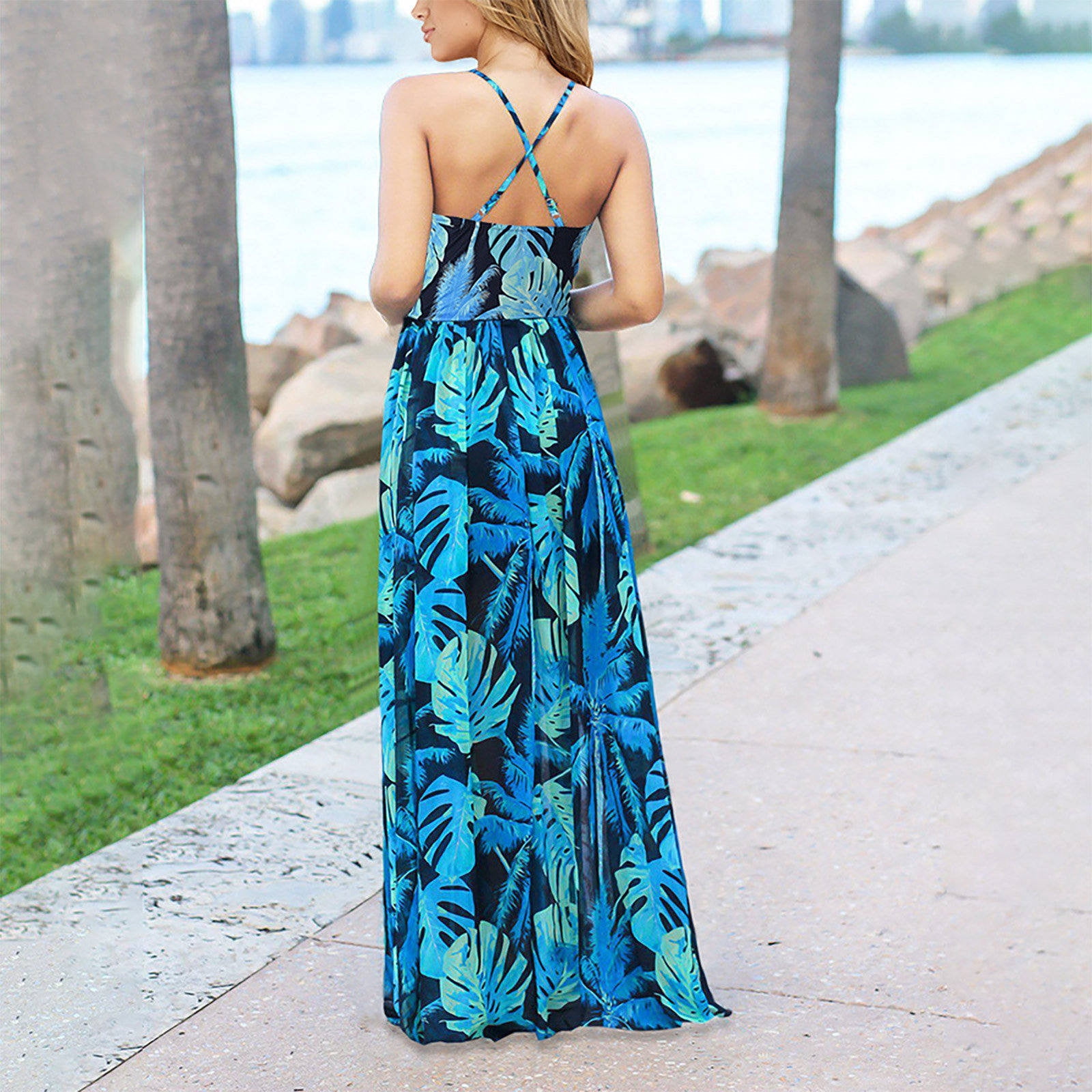 Bohemian Floral Women's Summer Dress Sexy Backless V-Neck Suspender Long Dress for Women