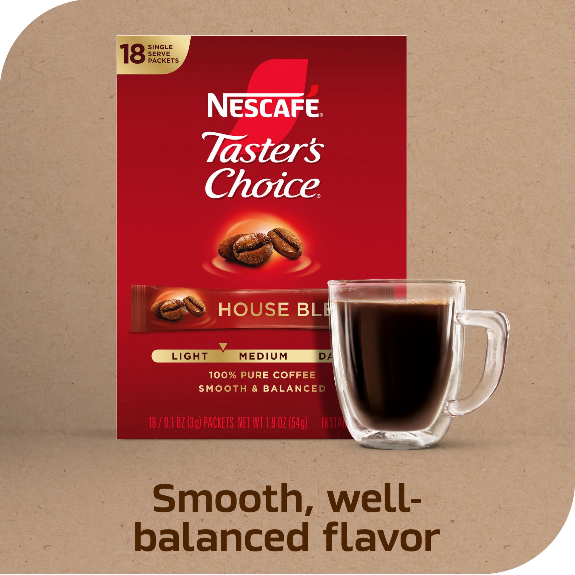 Nescafé Taster's Choice, Light Medium Roast Instant Coffee Packets, 144 Count (8 Boxes of 18)