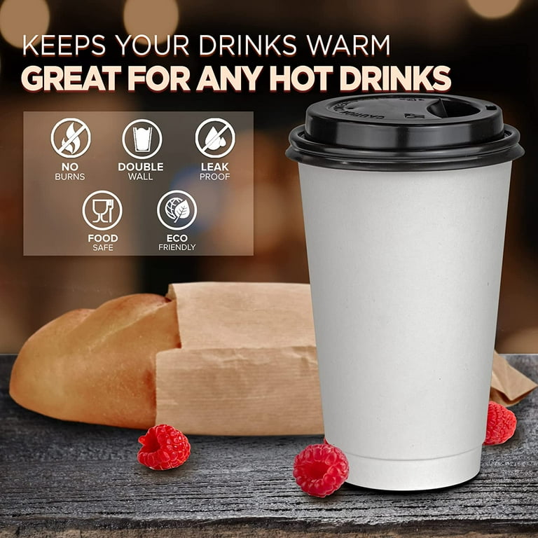 50 Pack] Disposable Coffee Cups with Lids - 16 oz White Double