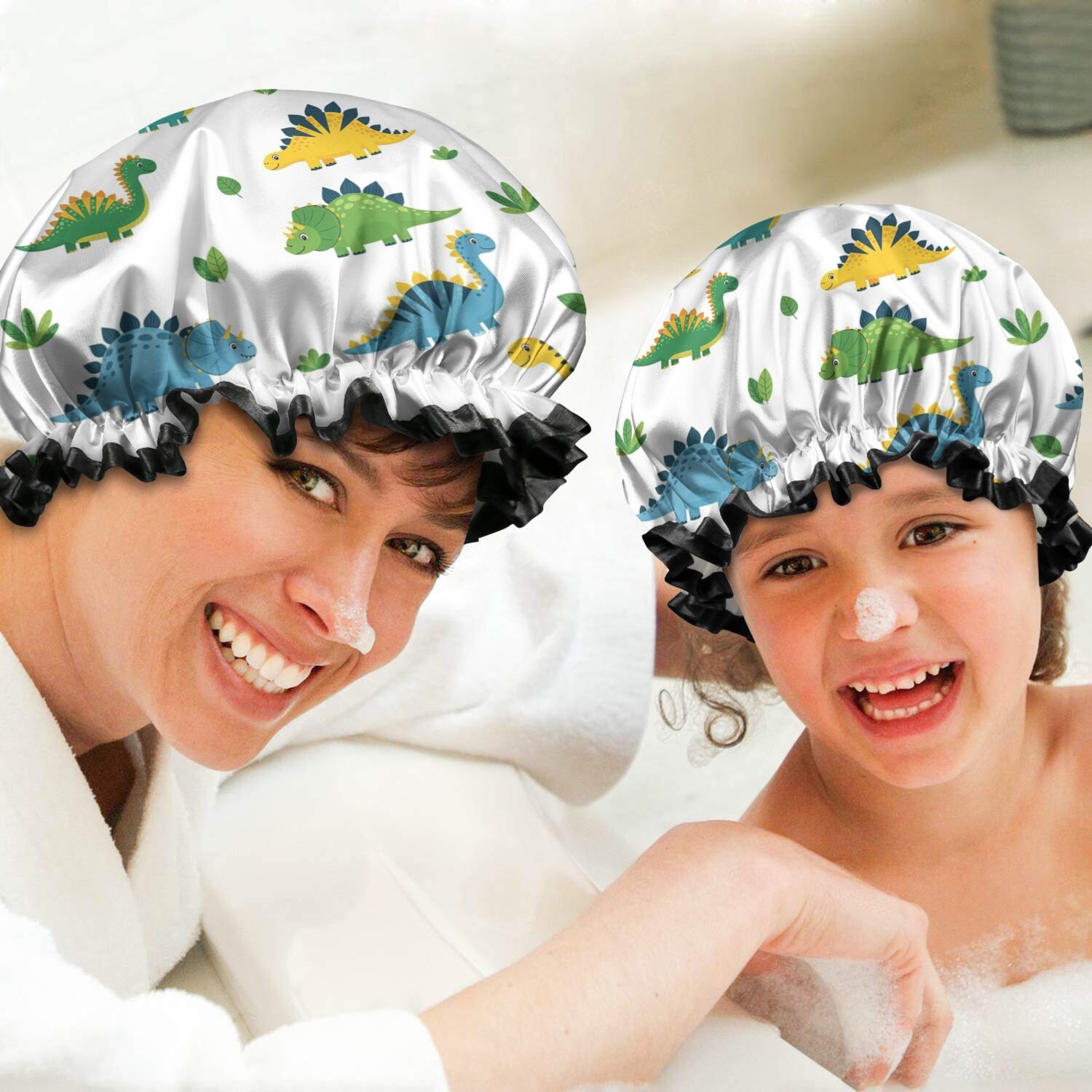 Shower Caps,White Dinosaurs Plants Leaves Pattern Waterproof Shower Cap for Women 4 Pieces,Double Reusable Hair Cover for Shower PEVA Elastic Stretch Hem