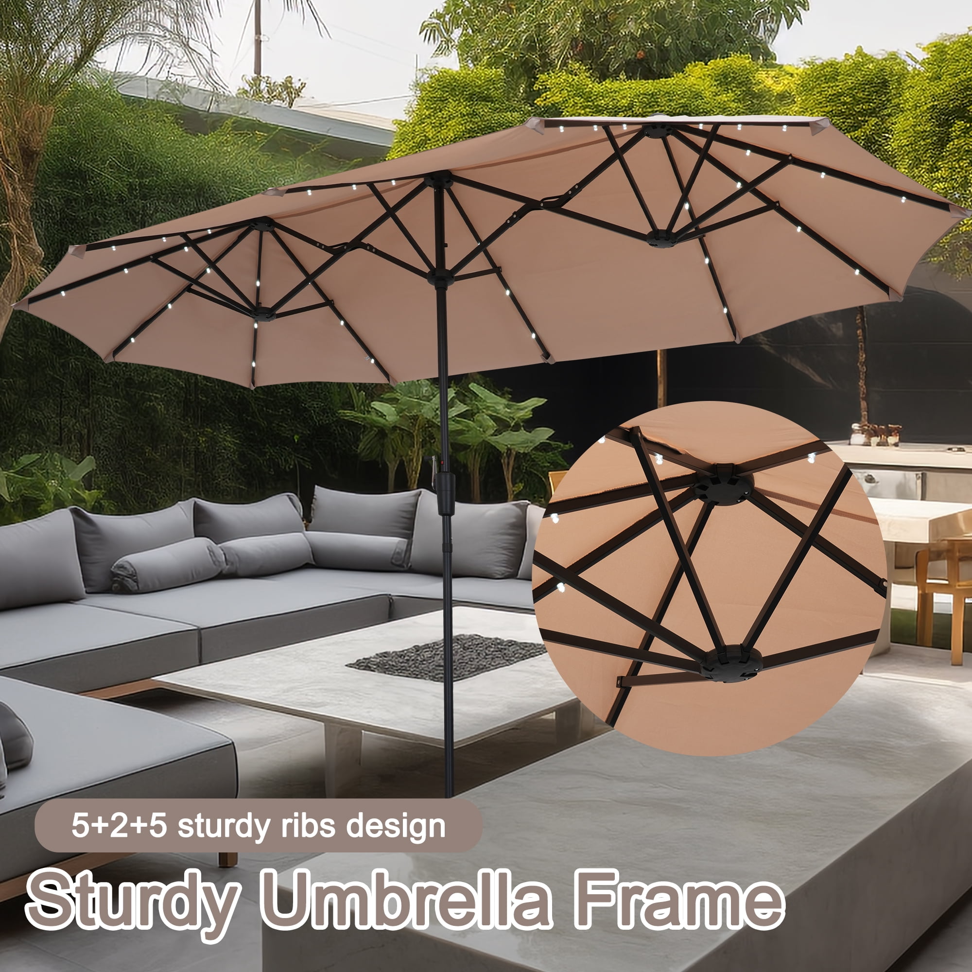 Autlaycil 13ft Rectangle Patio Umbrella with 36 Solar Lights for Pool, Yard, Market, Graden - Beige