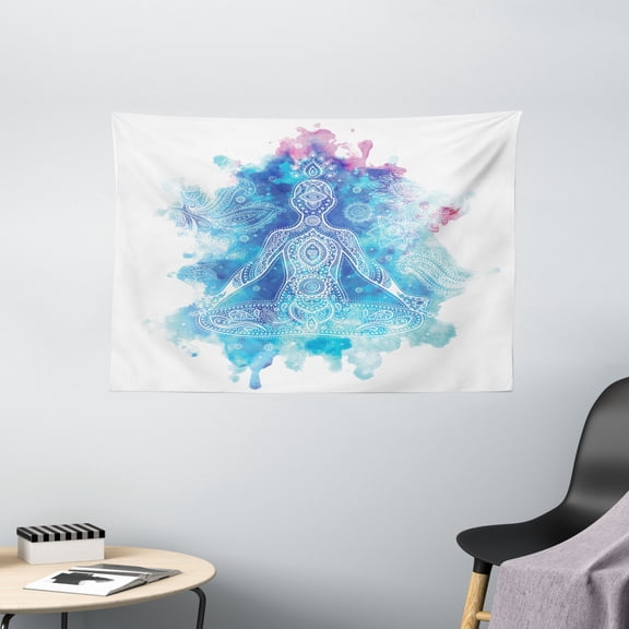 Chakra Tapestry, Damask Stencil Painted Oriental Mandala Design Harmonized Aqua Watercolor, Wall Hanging for Bedroom Living Room Dorm Decor, 60W X 40L Inches, Azure Blue Dried Rose, by Ambesonne