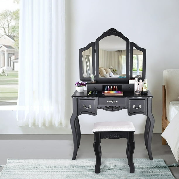Vanity Beauty Station Makeup Table And Wooden Stool 3 Mirrors And 5 Drawers Set Walmart Com Walmart Com
