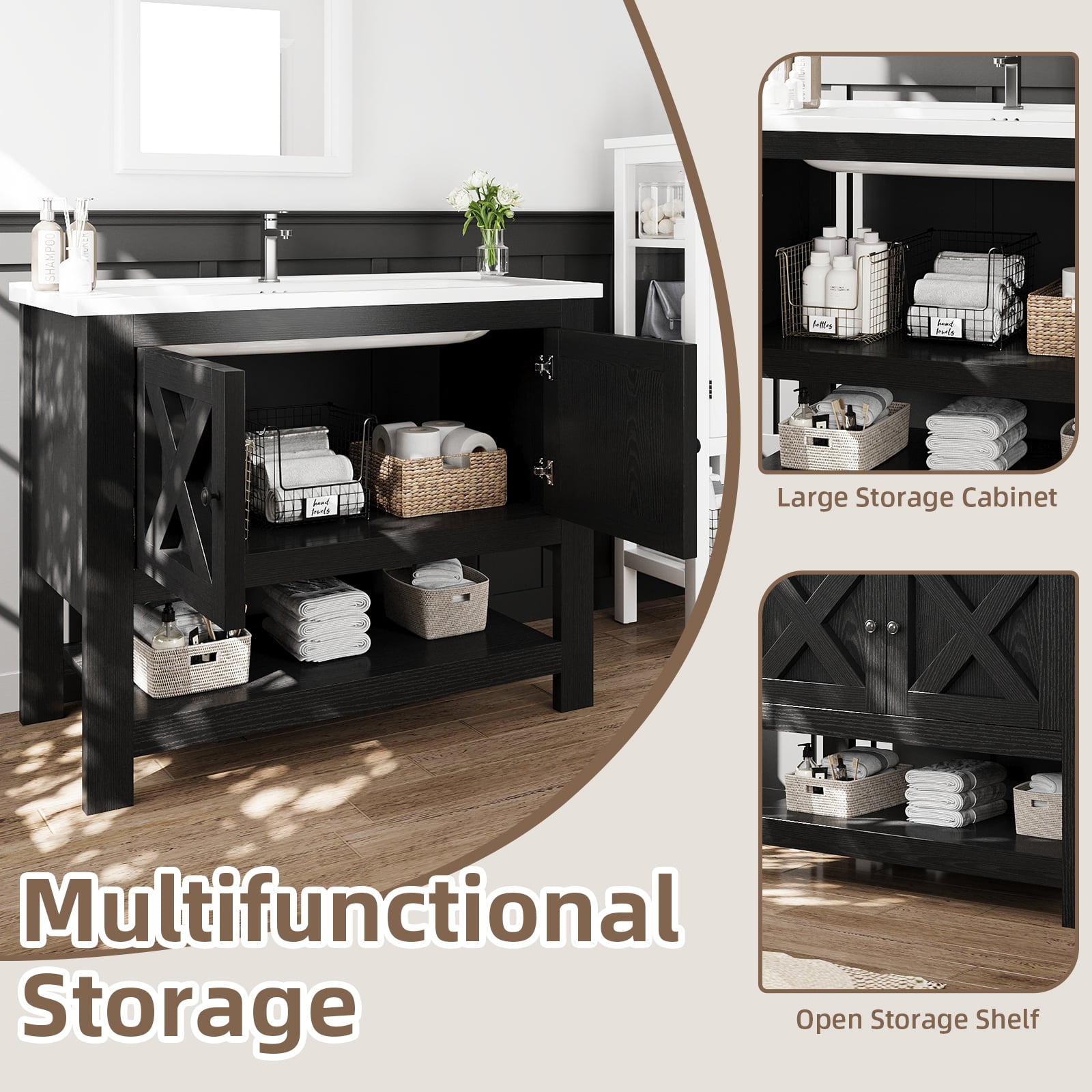 DreamCurship Bathroom Vanity with Sink Combo, 35'' Bathroom Storage Cabinet with Storage, Farmhouse Bathroom Vanity Cabinet with 2 Doors and Open Shelf, Black