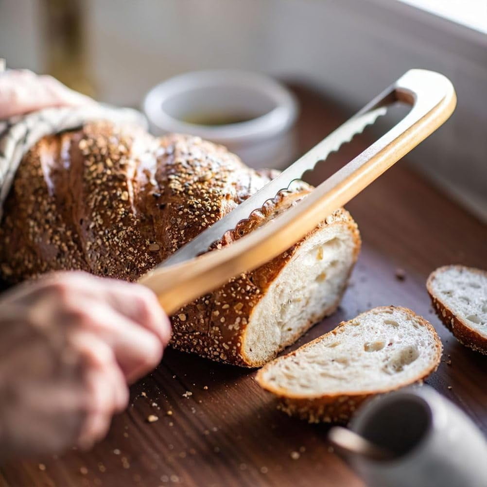 Bread Bow Knife and Board Set, 8 Inch Bread Knife with Matching Crumb Tray, Ergonomic Slicing Kitchen Tool for Homemade Bread, Bagels, Rolls (Wood)