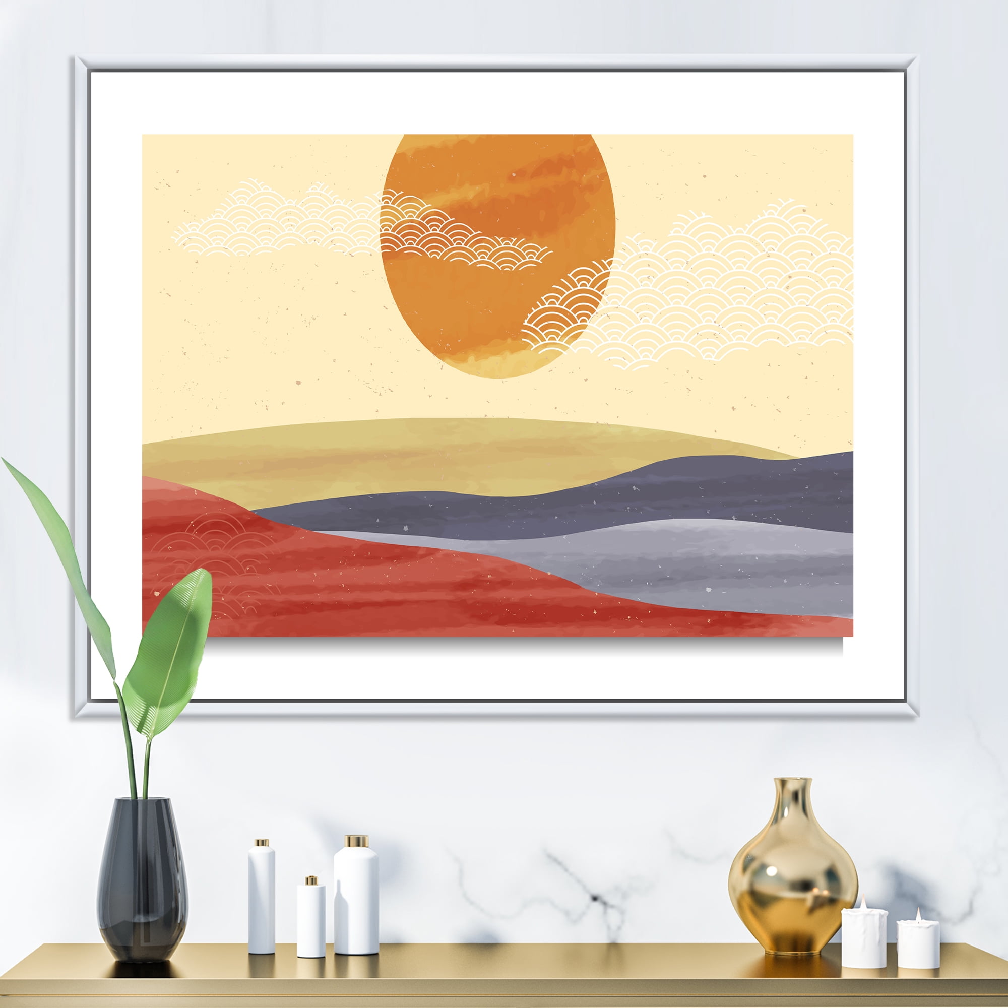 Designart 'Abstract Minimalistis Landscape Mountain & Moon' Modern Framed Canvas Wall Art Print