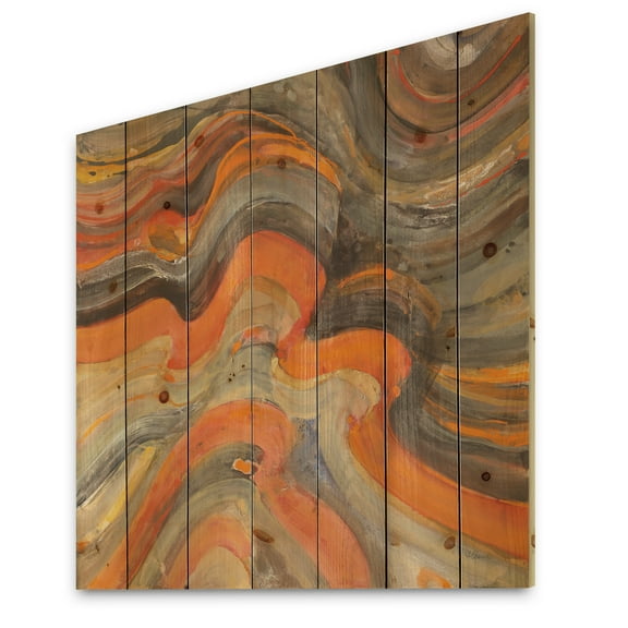 Designart 'Abstract Orange Waves Gilded' Contemporary Print on Natural Pine Wood