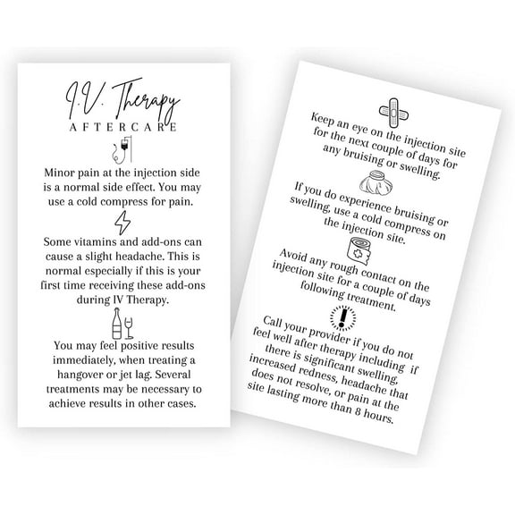 IV Intravenous Therapy Infusion Aftercare Card  50 Pack  2x3.5" inch Business Size Card  Drip Vitamin IV Supplies  IV Therapy Infusion Mobile Patient White Card Design