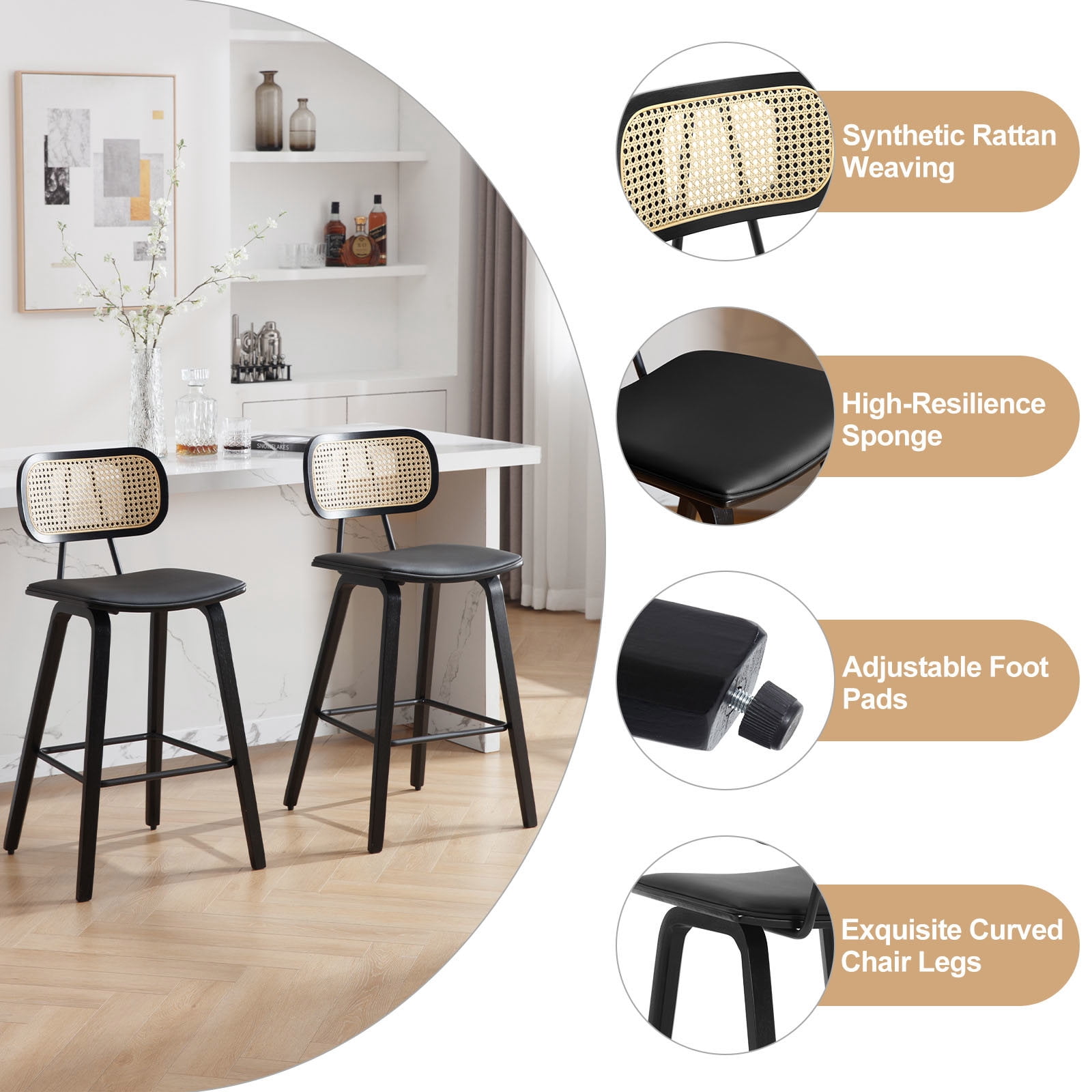 WOOW DEPOT PU Bar Stools 26" Counter Height w/ Rattan Back Set of 1, Modern Black Bent Wood Bartool Leather Upholstered Chair for Kitchen Pub Island Dining Room