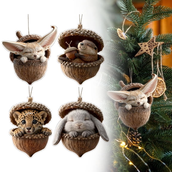 4‑Pack Acorn Forest Animal Acrylic Christmas Ornaments, Cub Lop‑Eared Rabbit Woodland Hanging Decor, Xmas Tree Holiday Gift for Animal Lovers 3.14In