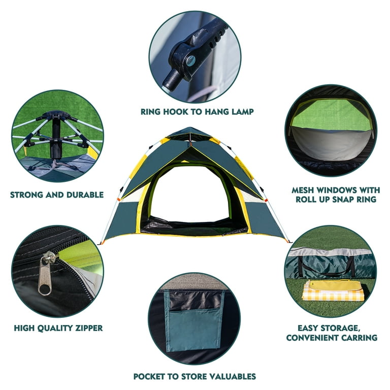 Pop Up Camping Tent 4 Person Family Double Layer with Picnic Mat