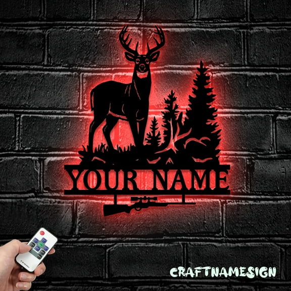 Craftnamesign Deer Hunting Metal Wall Art LED Light, Personalized Hunting Name Sign, Dad Gifts