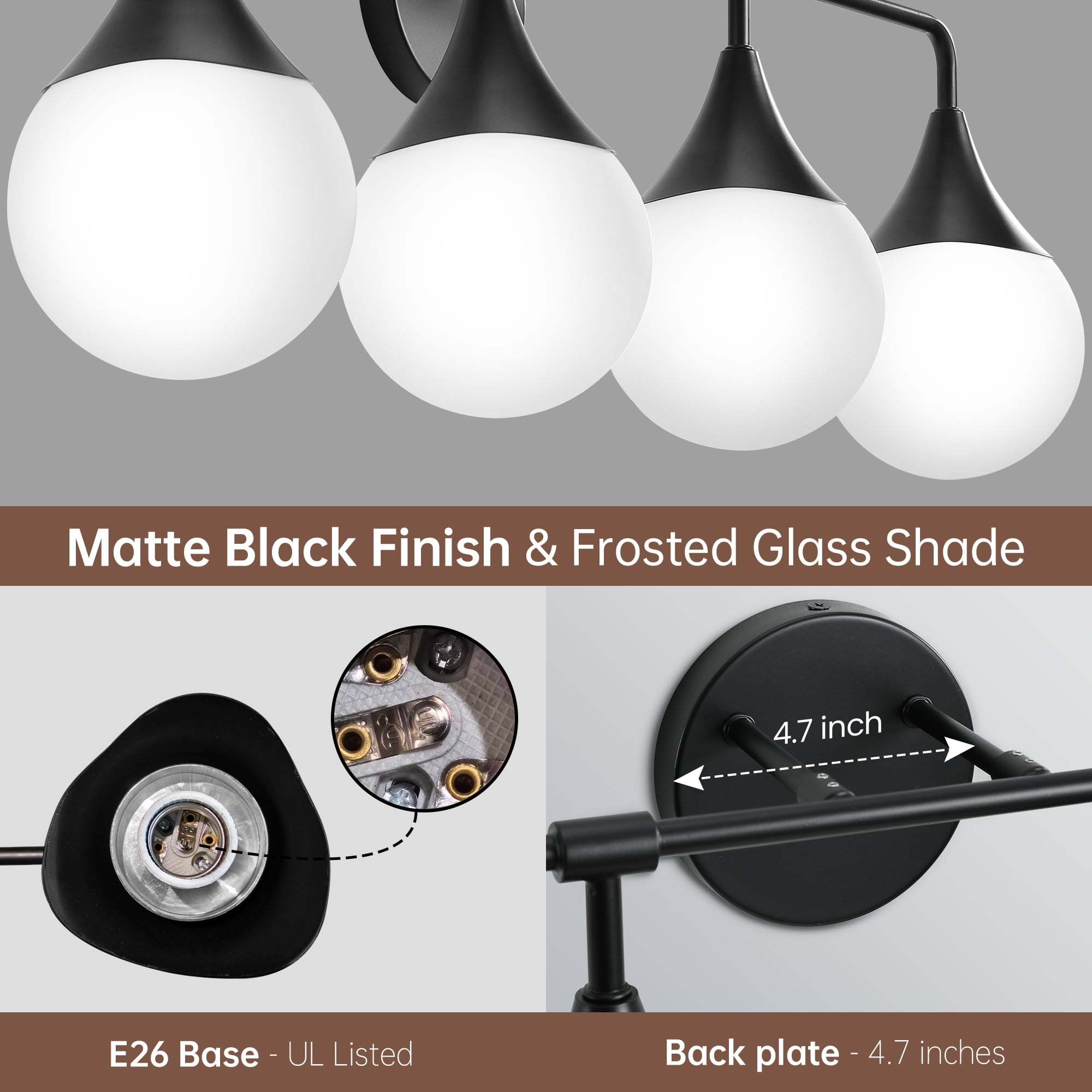 Bathroom Vanity Light 4-Lights Bathroom Lighting Fixtures Over Matte Black Wall Sconces with Frosted Globe Glass for Hallway Restroom
