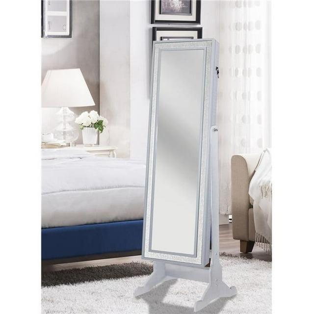 Chic Home JF11-11WE-N1-US Finesse Modern Contemporary Crystal-Bordered Rectangular Jewelry Armoire Cheval Mirror, Full-Length Pristine - White