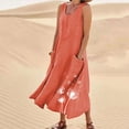 thumbnail image 2 of Robes Grande Taille pour Femmes à Col Rond Sans Manches, Robe Fluide d'Été Décontractée Légère pour la Plage, Robes Midi Tendance Imprimées en Lin avec Poches, Robe Rouge Melon D\'eau, Taille P-5TG, 2 of 6