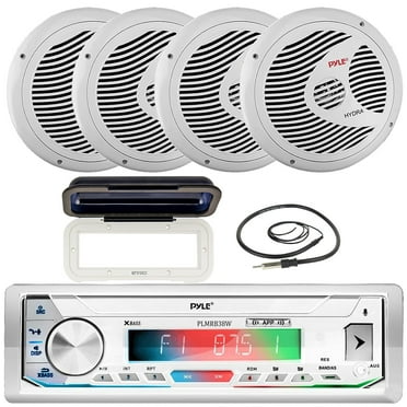 Pyle PLMRB39W LCD Display Single-DIN Marine Bluetooth USB/AUX MP3 Player AM/FM Radio Stereo White Receiver W/White Cover, 4x 6.5" 150W Max Power Full Range Dual Cone Waterproof Speakers, Radio Antenna