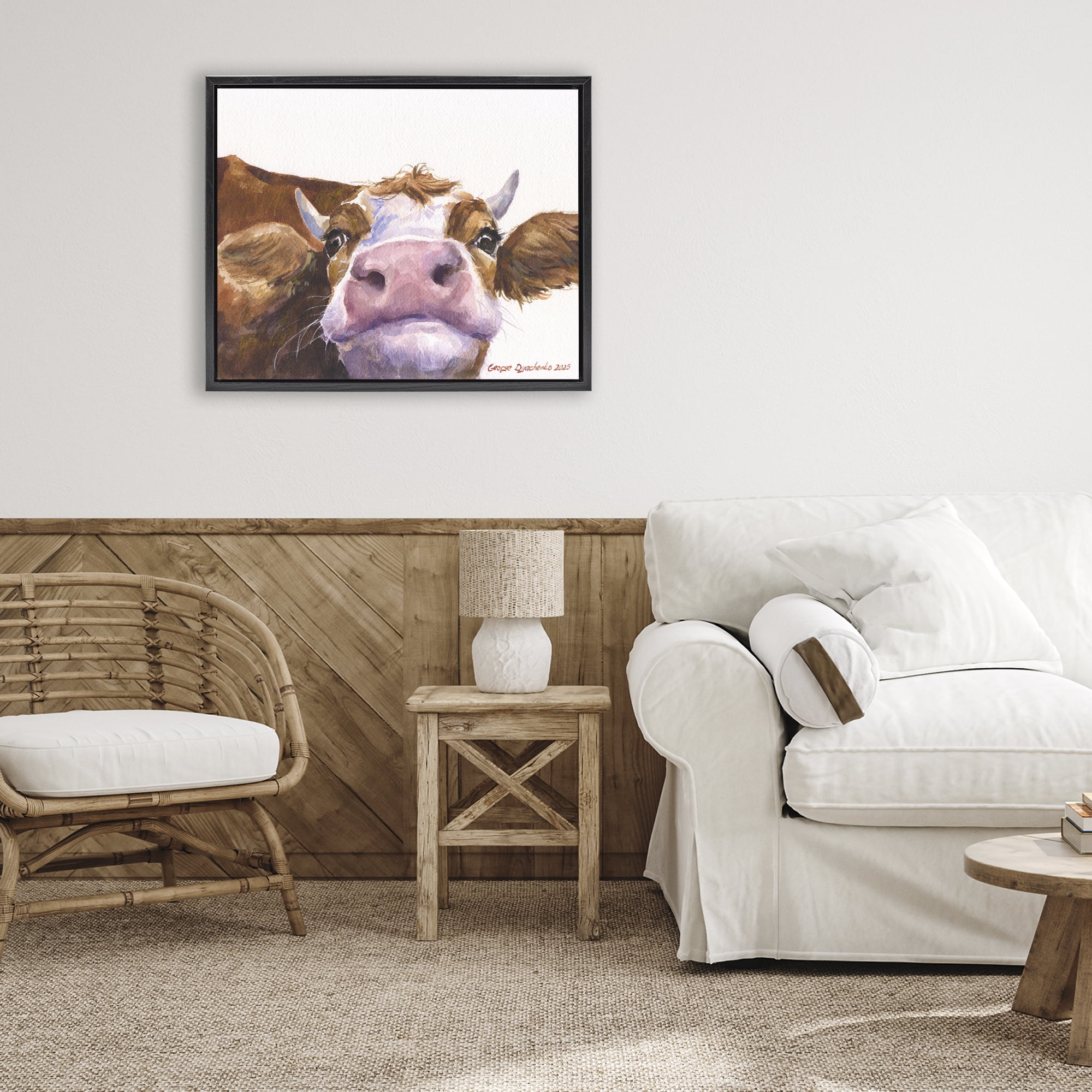 Stupell Industries Cute Cow Close Up Black Framed Floater Canvas Wall Art, design by George Dyachenko