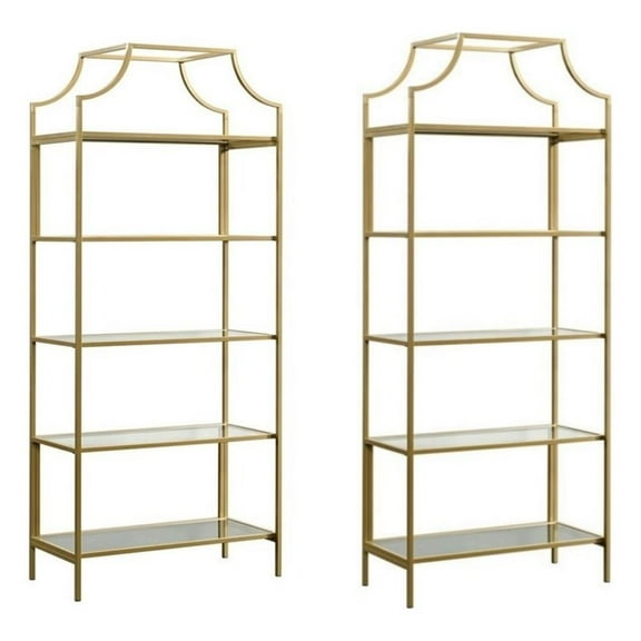 Home Square 5 Shelf Metal Framed Bookcase in Satin Gold (Set of 2)
