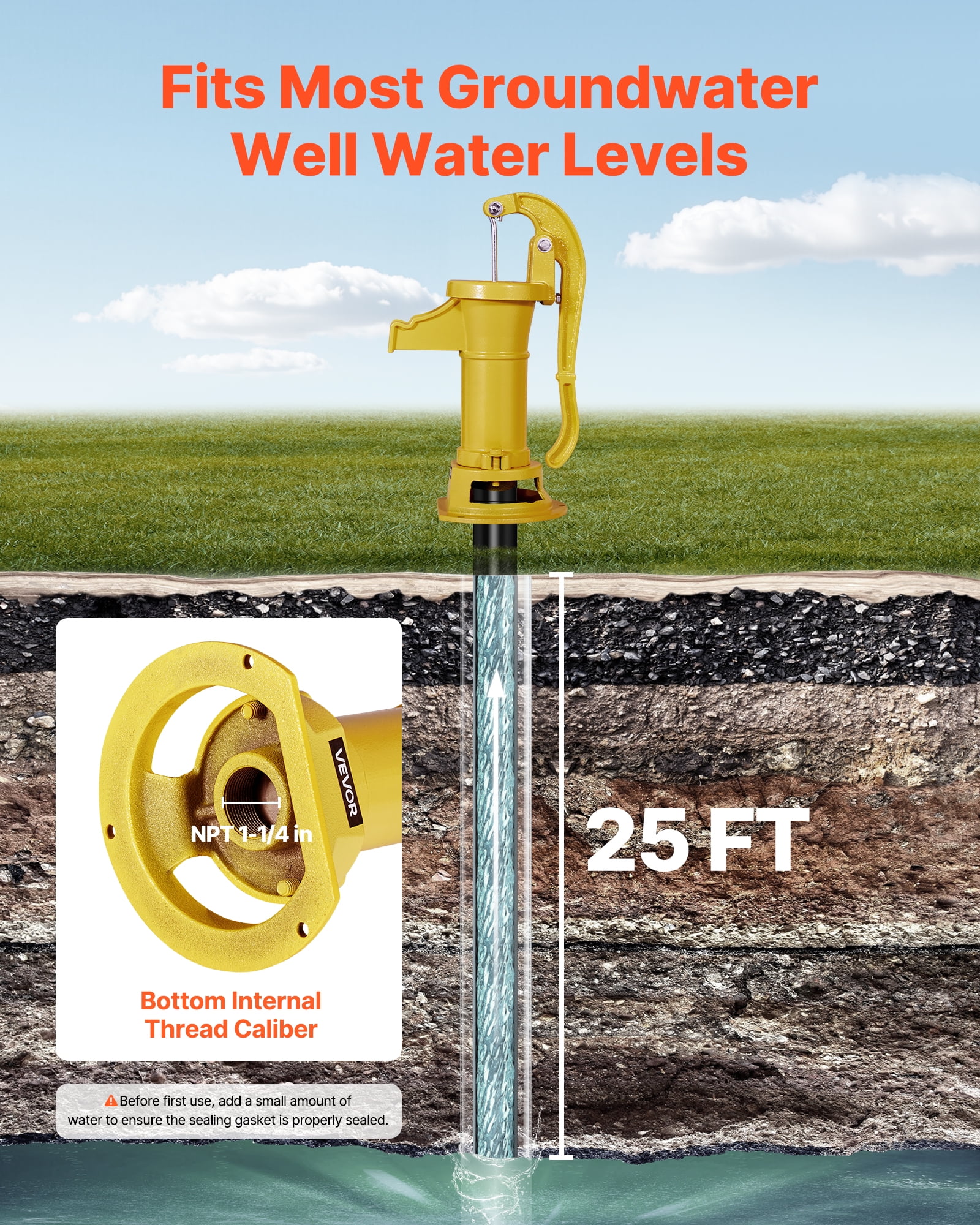 VEVOR Well Hand Pitcher Pump, 25 ft Maximum Lift, Antique Cast Iron Manual Hand Water Pump, NPT 1-1/4 in Connection, Easy Installation, Old Fashioned for Outdoor Garden, Pond, Backyard, Farm, Yellow