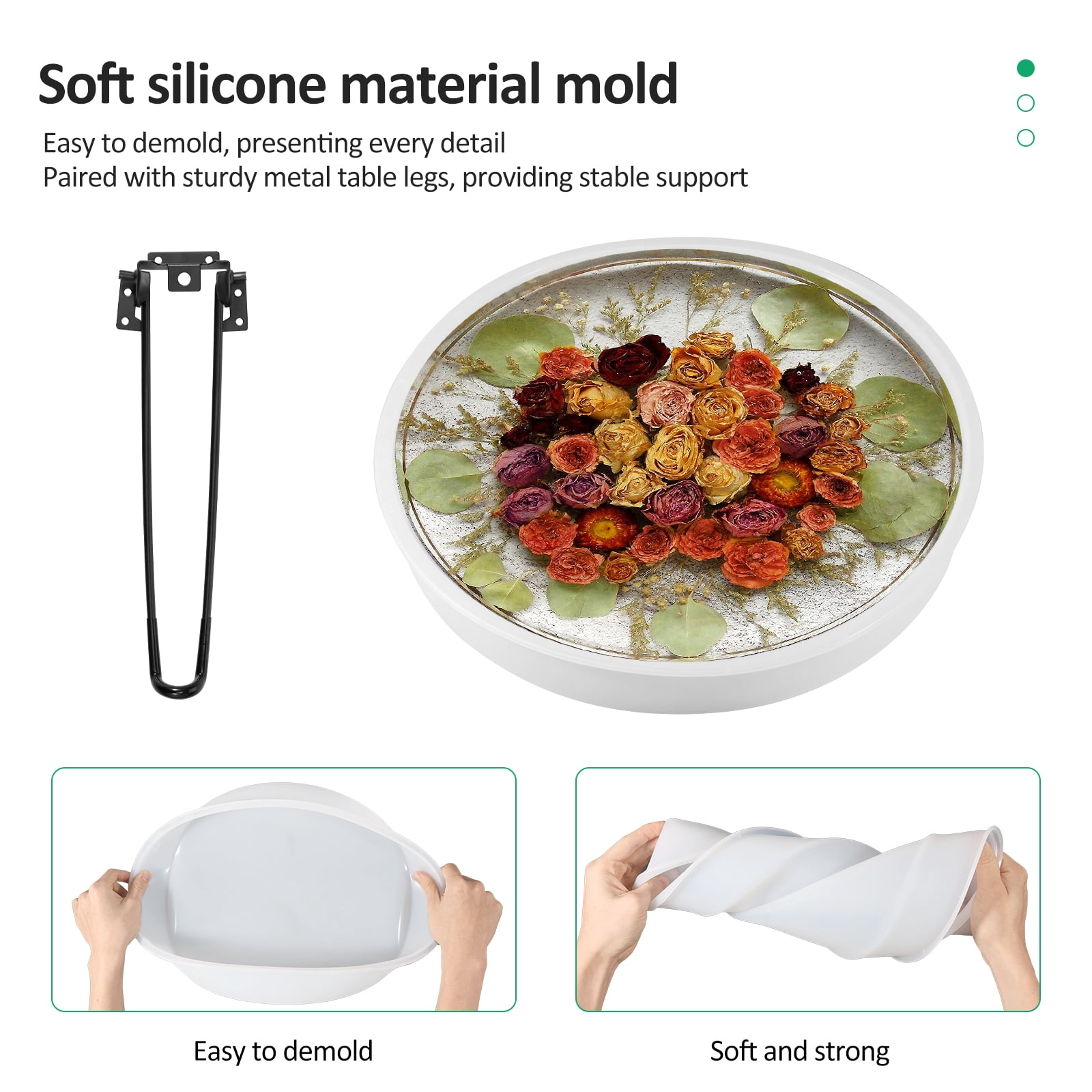 Keyohome Resin Table Mold Soft Silicone Epoxy Table Mold with 3 Metal Leg Decorative Silicone Resin Tray for Home Decoration DIY Art Work