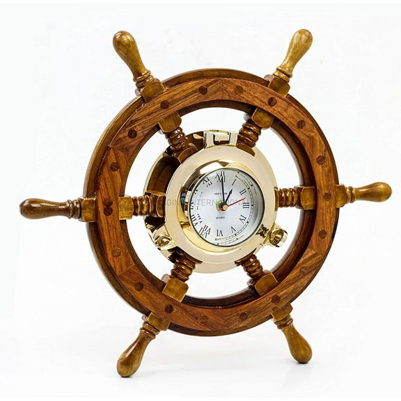 "Home Decorative Maritime Ship Wheel With Brass Porthole Quartz Clock -   Pirate Home Decor Wall Hanging Gifts - Nagina International (12 Inches)"