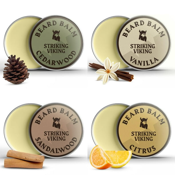 B�lsamo para barba Striking Viking - 30 g, paquete de 4 - Acondicionador totalmente natural con aceite de karit� y jojoba - Suavizante para el picor