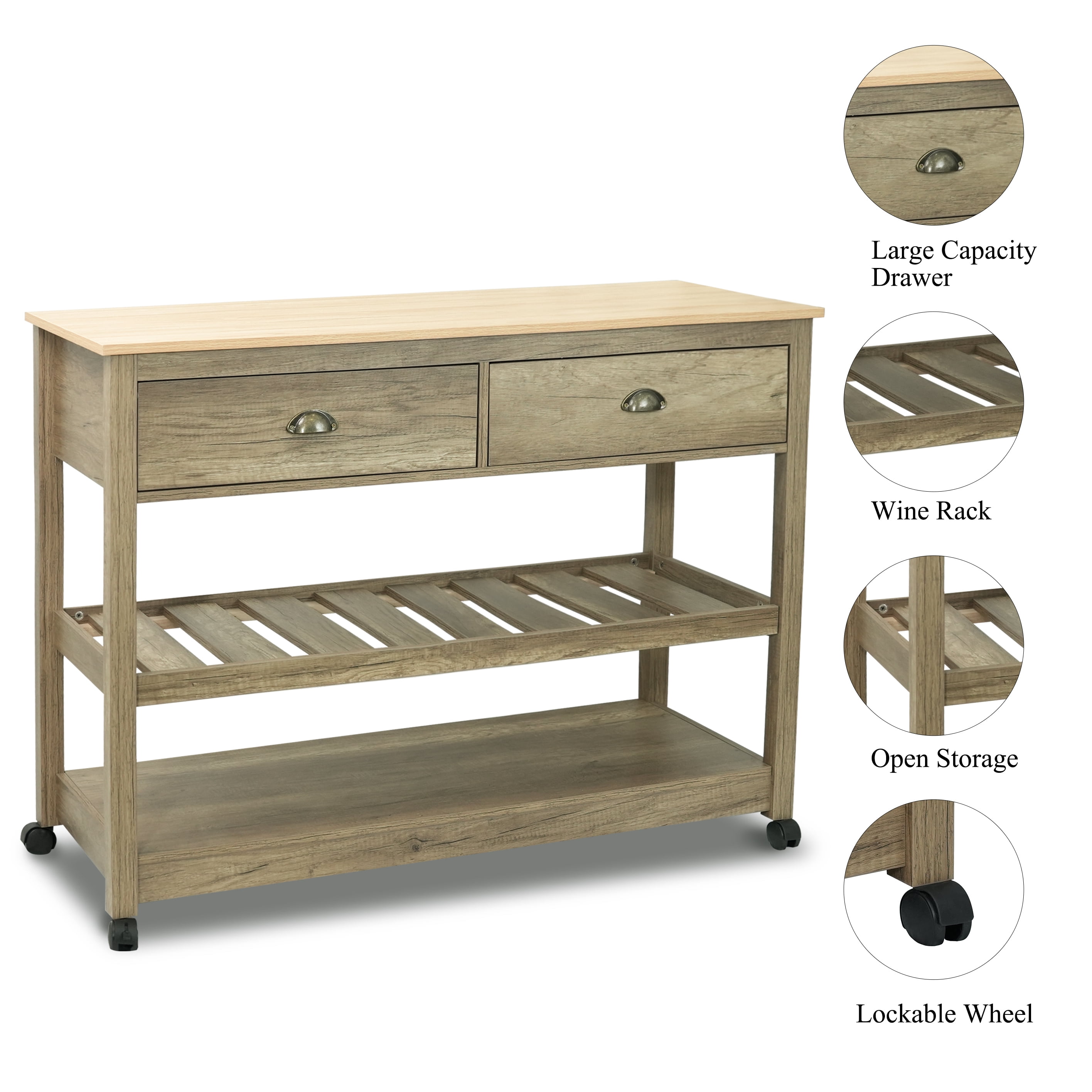 CONSDAN Kitchen Island, Kitchen Cart with Storage, Kitchen Island on Wheels, Kitchen Storage Islands & Carts, Two-Tier Open Shelf Kitchen Island-Natural