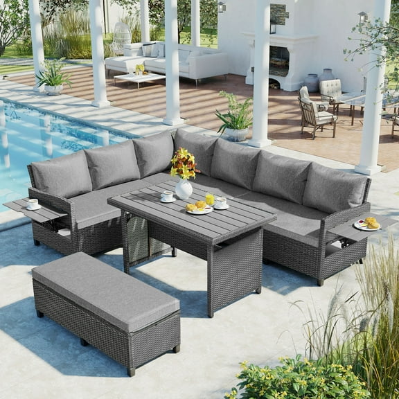 5 Pieces Patio Furniture Set, Outdoor All Weather Sectional Wicker Conversation Set with 2 Extendable Side Tables & Table, Gray
