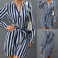 thumbnail image 4 of Women Autumn Long Sleeve Sexy V-Neck Mini Dress with Belt Vertical Striped Print Casual Loose A-Line Flare Hem Cocktail Party Lady Streetwear, 4 of 13