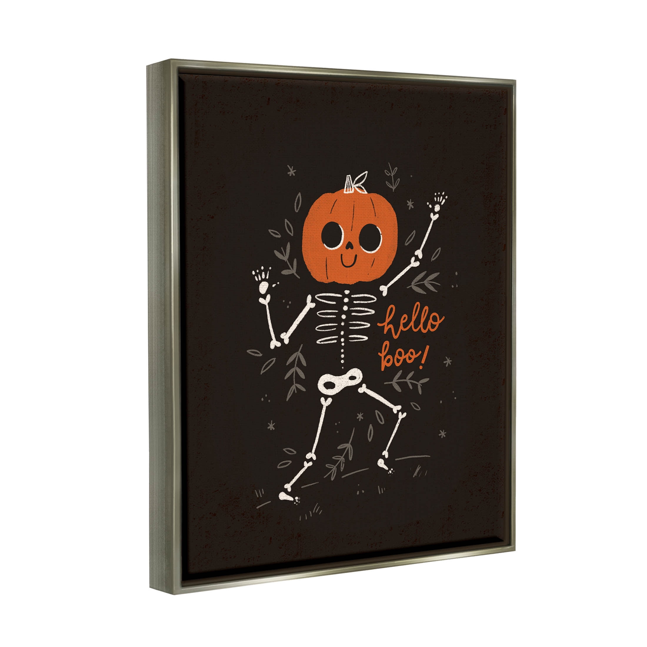 Hello Boo Halloween Smiling Skeleton Holiday Graphic Art Luster Gray Framed Art Print Wall Art