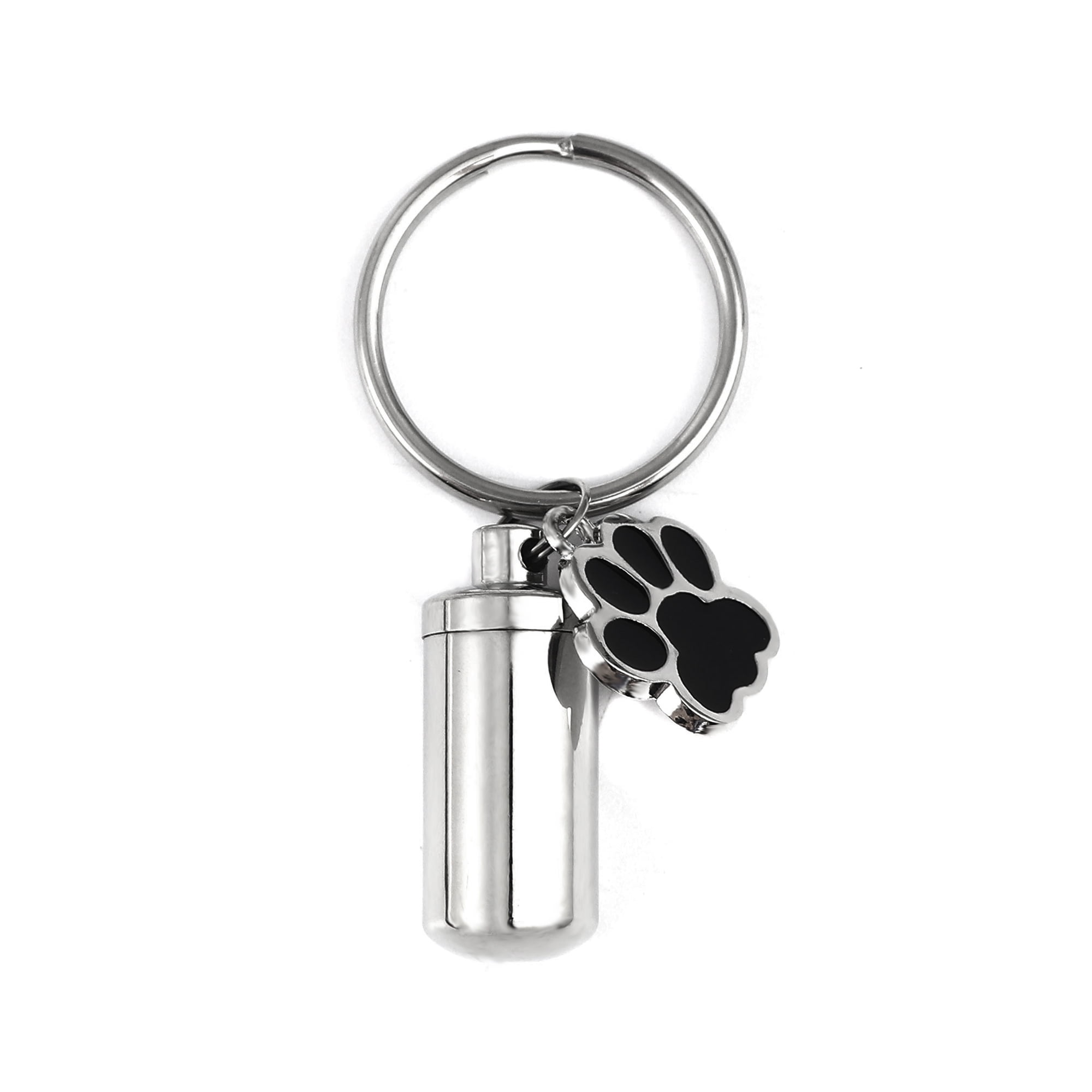 Waterproof Stainless Steel Silver Pet Cremation Urn Cylinder Bottle Black Paw Print Charm Keychain Memorial Ash Keepsake Cremation Jewelry Key Ring with Free Funnel Kit and Velvet Jewelry Box