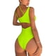 thumbnail image 2 of Traje de baño de una pieza Monokini de corte alto con espalda fruncida y un hombro para mujer, verde neón, L Feliz Sencillez, 2 of 5