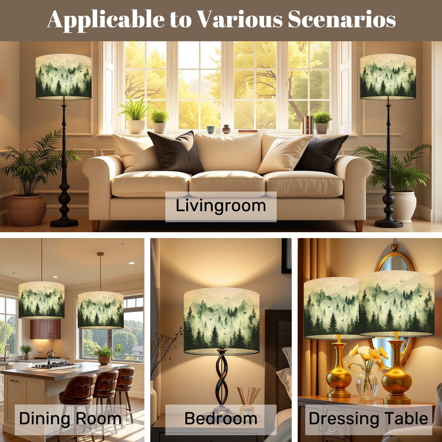 Lampshades 2 Pack Printing Forest Rustic Farmhouse Deer Mountain Trees Fog Birds 13"x13"x10" Light Shade for Table Lamps Floor Lamps Drum Lamp Shades Lampshade Replacement Easy Assembly