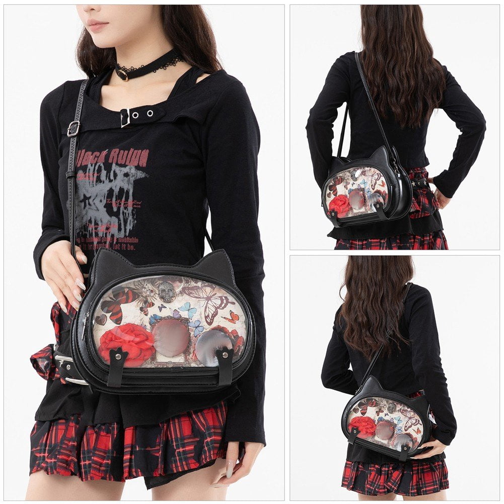 Hzzsbu Fashion Cat Ear Design Crossbody Bag Ita Messenger Bag Cute Transparent Shoulder Bag Sweet Cool Ita Bag for Women