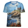 thumbnail image 5 of Lighthouse Sunrise Coast Scenery Pale Blue Tan Women's Short Sleeve T-Shirt Crew Neck Casual Summer Trendy Loose Fit Tops, 5 of 6