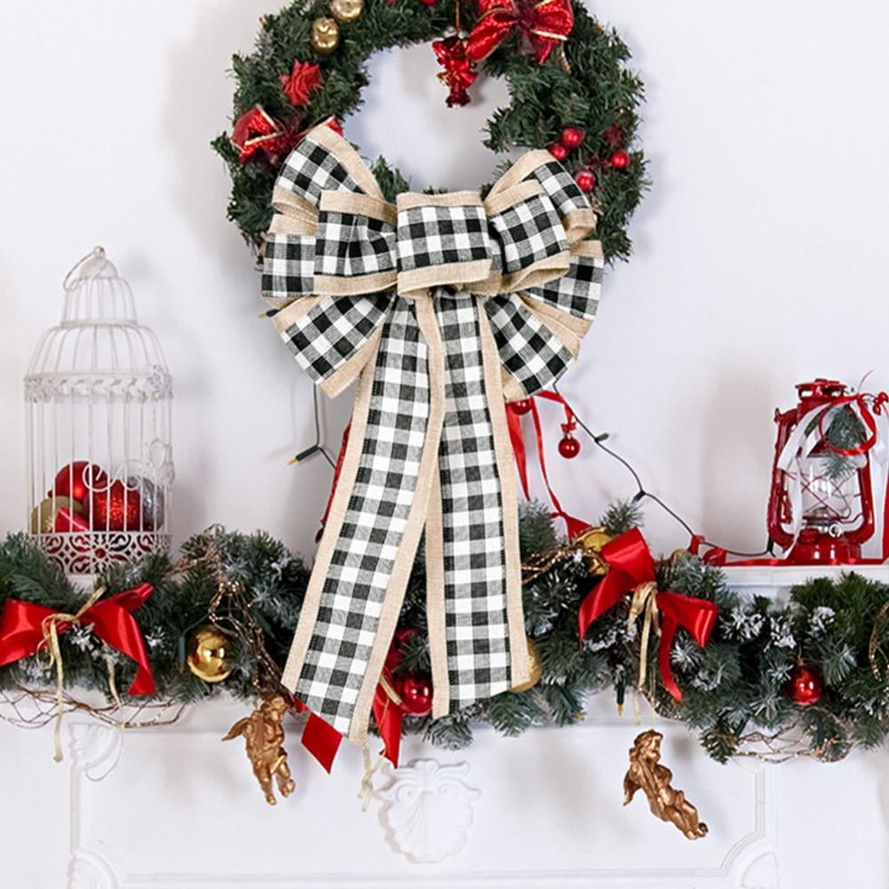 Black White 10 Pieces Christmas Burlap Plaid Bow Buffalo Plaid Wreath Bows Checked Wired Bow DIY Christmas Bow Ornaments for Christmas Tree Thanksgiving Party Home Front Door Decorations 