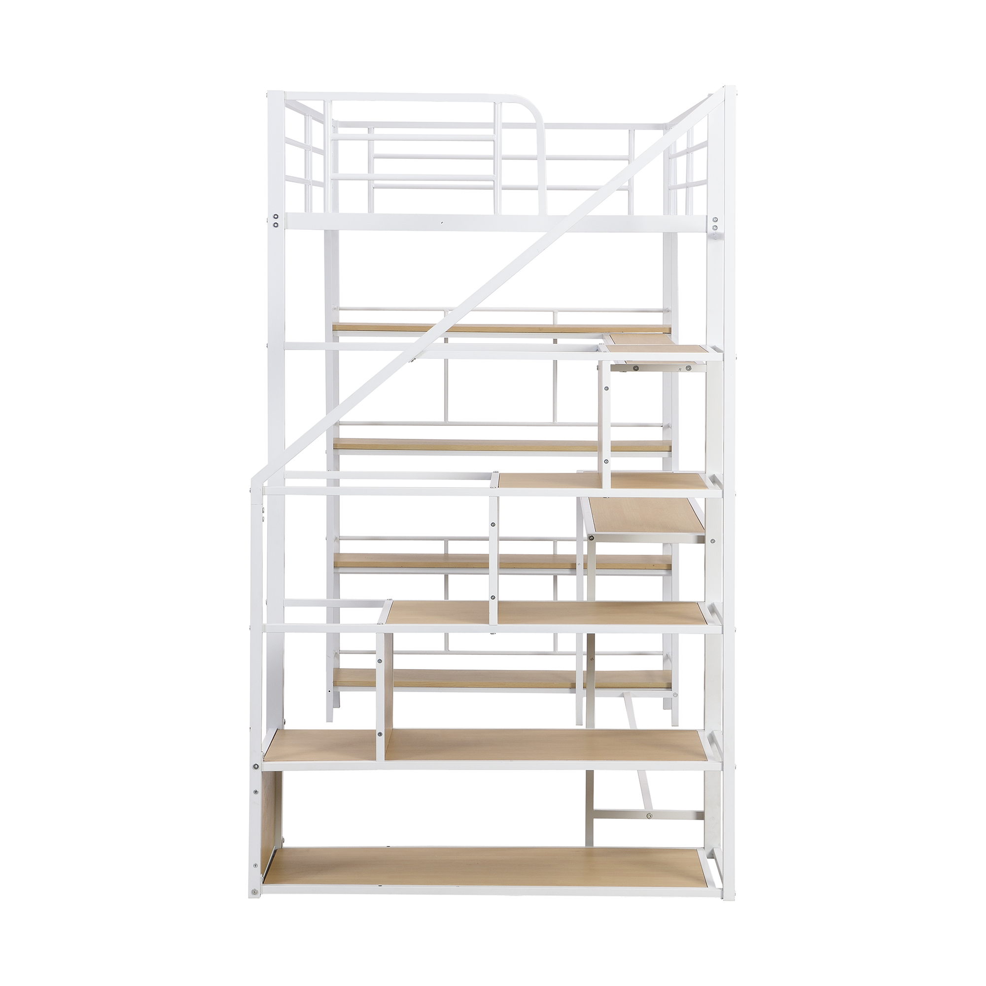 Euroco Metal Twin Bed, Loft Bed with Desk and Bookcase, Shelf and Storage Staircase, White