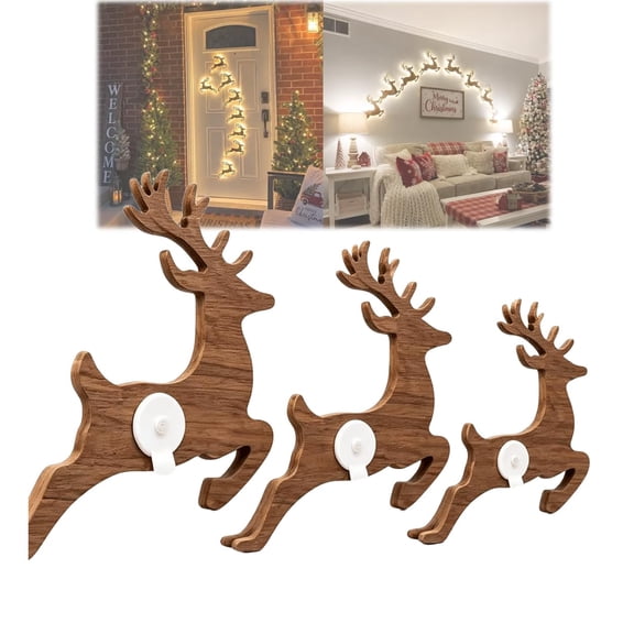 3D Light-Up Wooden Reindeer Christmas Decor (12-Pack), Warm Backlit Peel & Stick Entryway Glow, Handmade Real Wood LED Reindeer Christmas Wall Decor, for Living Room, Bedroom, Fireplace