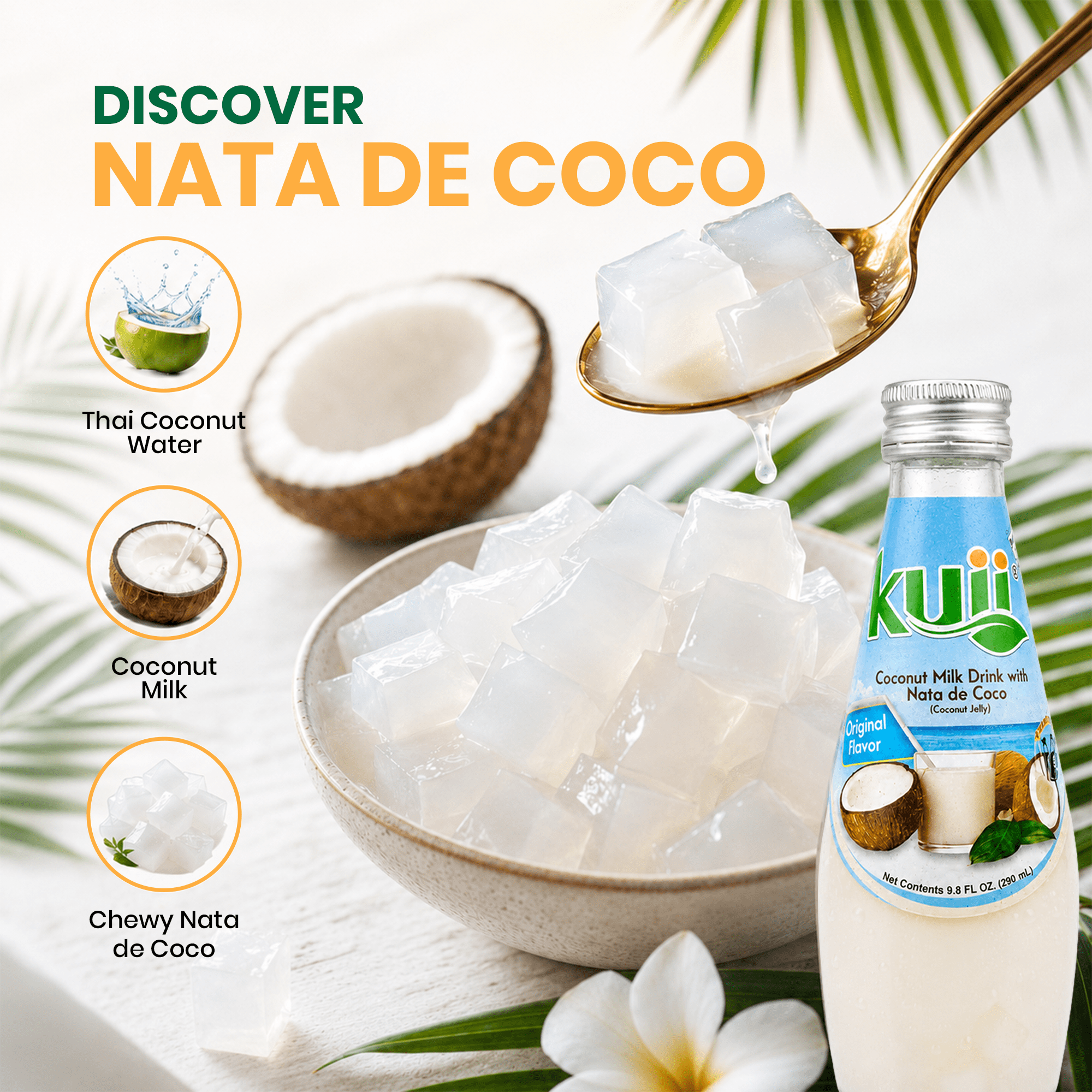 (4 pack) Kuii Drinks Coconut Milk with Nata de Coco, Original, 290 mL Single Glass Bottle