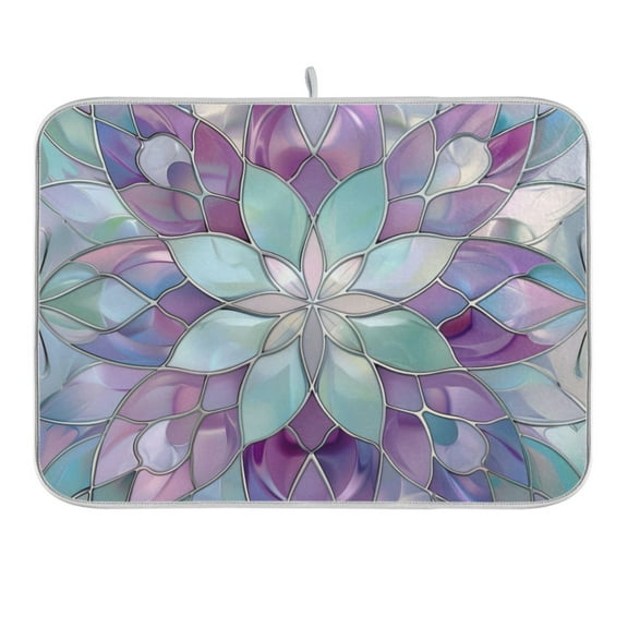 Violet Floral Stained Glass Dish Drying Mat 16x18 Absorbent Microfiber Draining Rack Pad for Kitchen Counter Sink