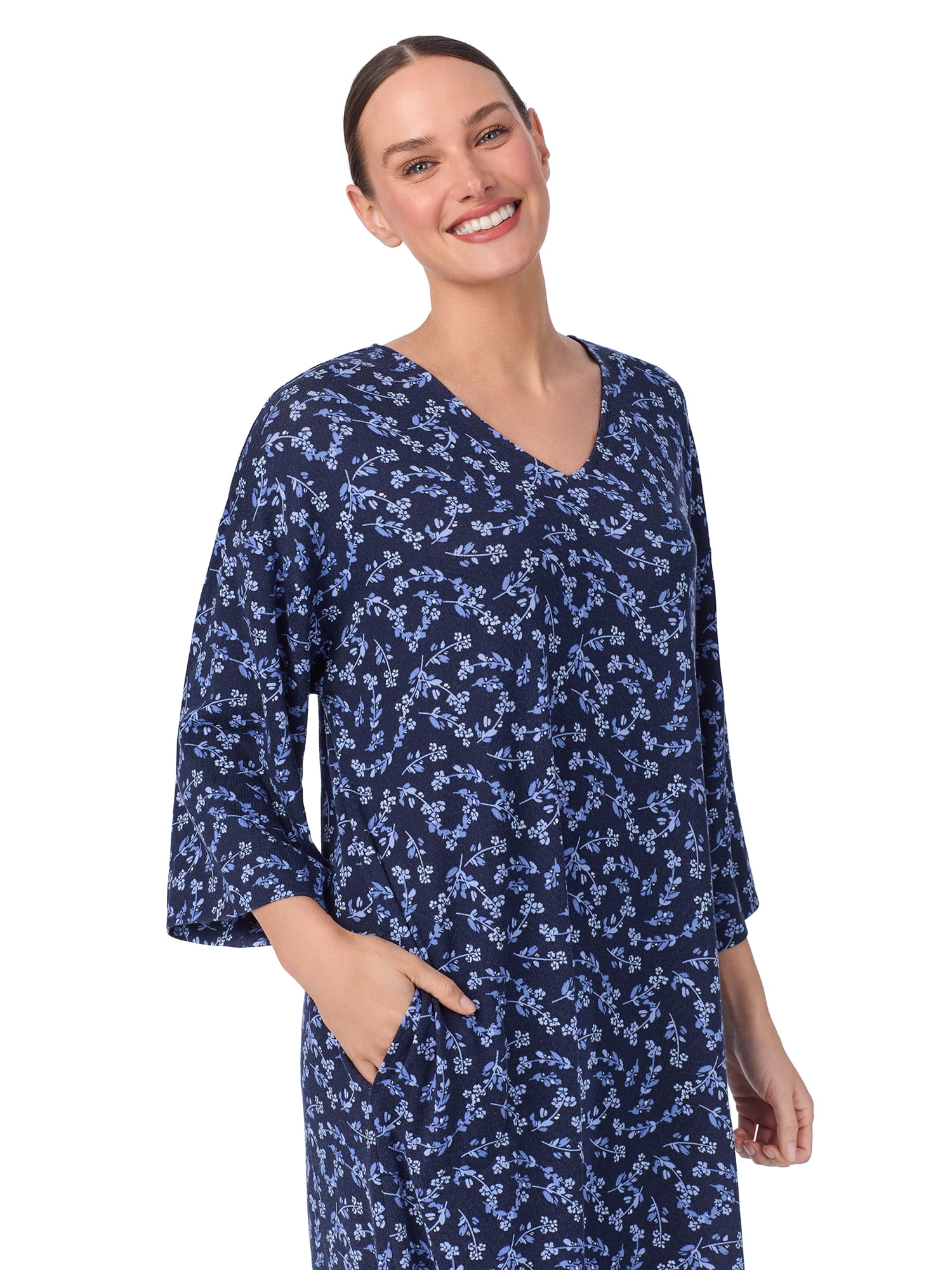 Aria Women's Sweater Knit 3/4 Sleeve V-Neck Lounger Nightgown with Pockets, Sizes XS to 5X