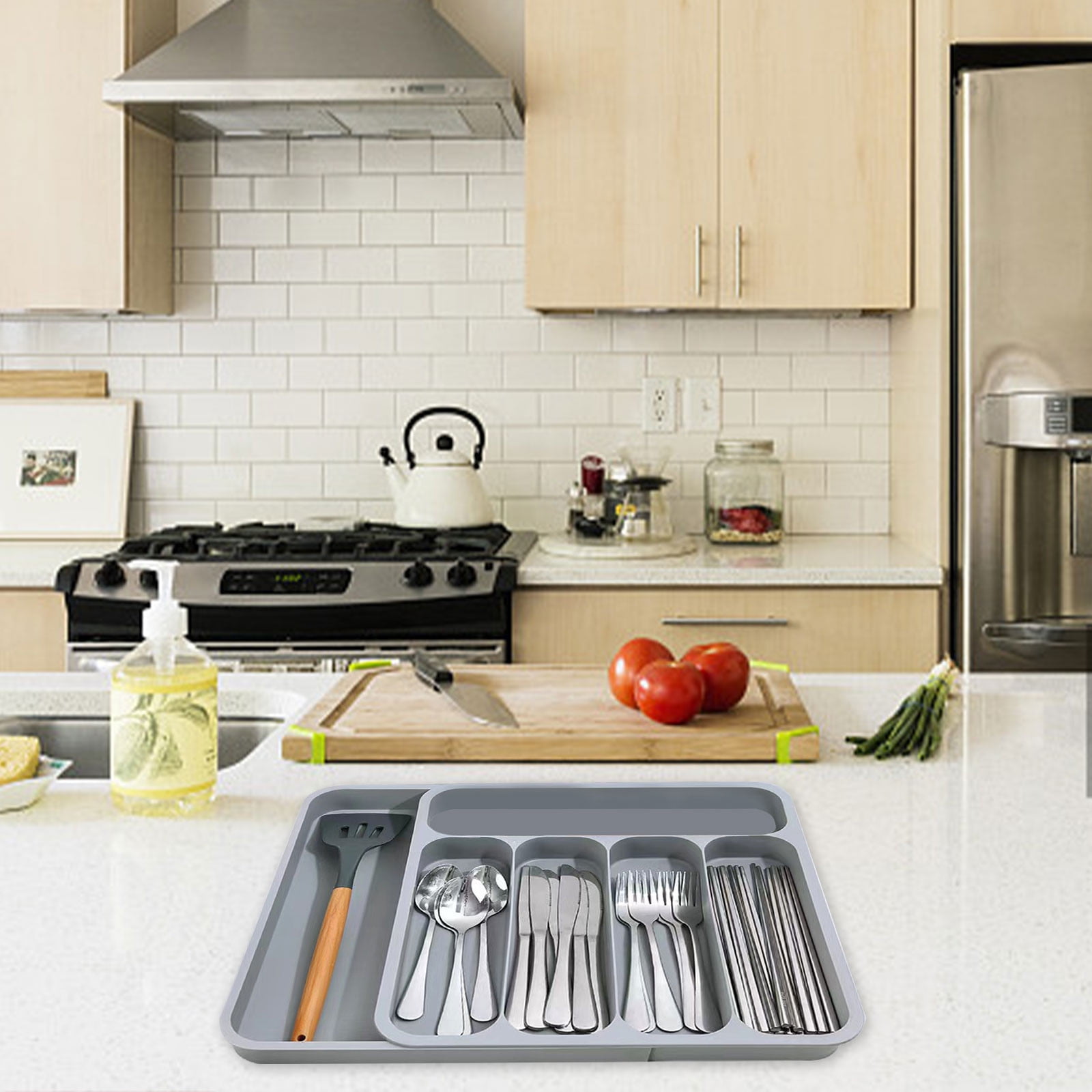 Drawer Organizer for Kitchen Utensils | Silverware Tray with Detachable Sections | Cutlery Storage Box for Spoons Forks Knives | Expandable Plastic Organizer for Home Office Dining Room