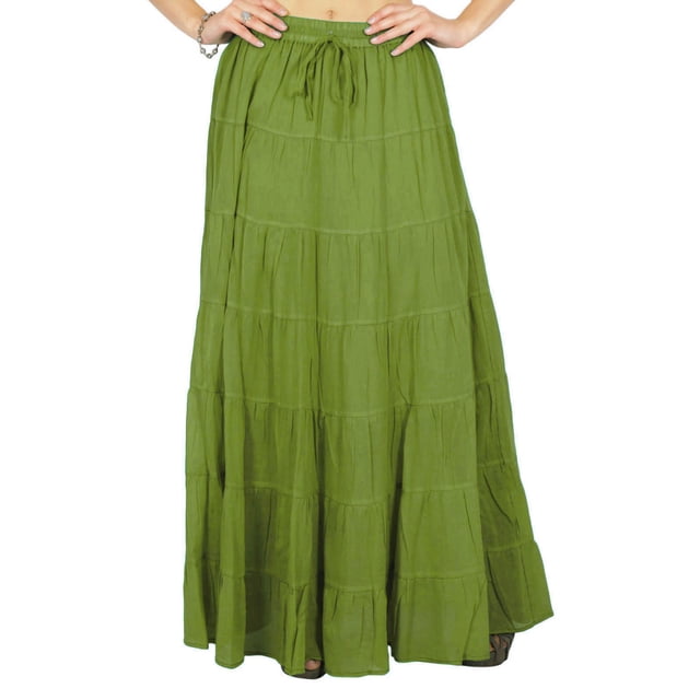 Phagun Women's Summer Fern Green Cotton Ethnic Design Skirt Drawstring Waist - 20